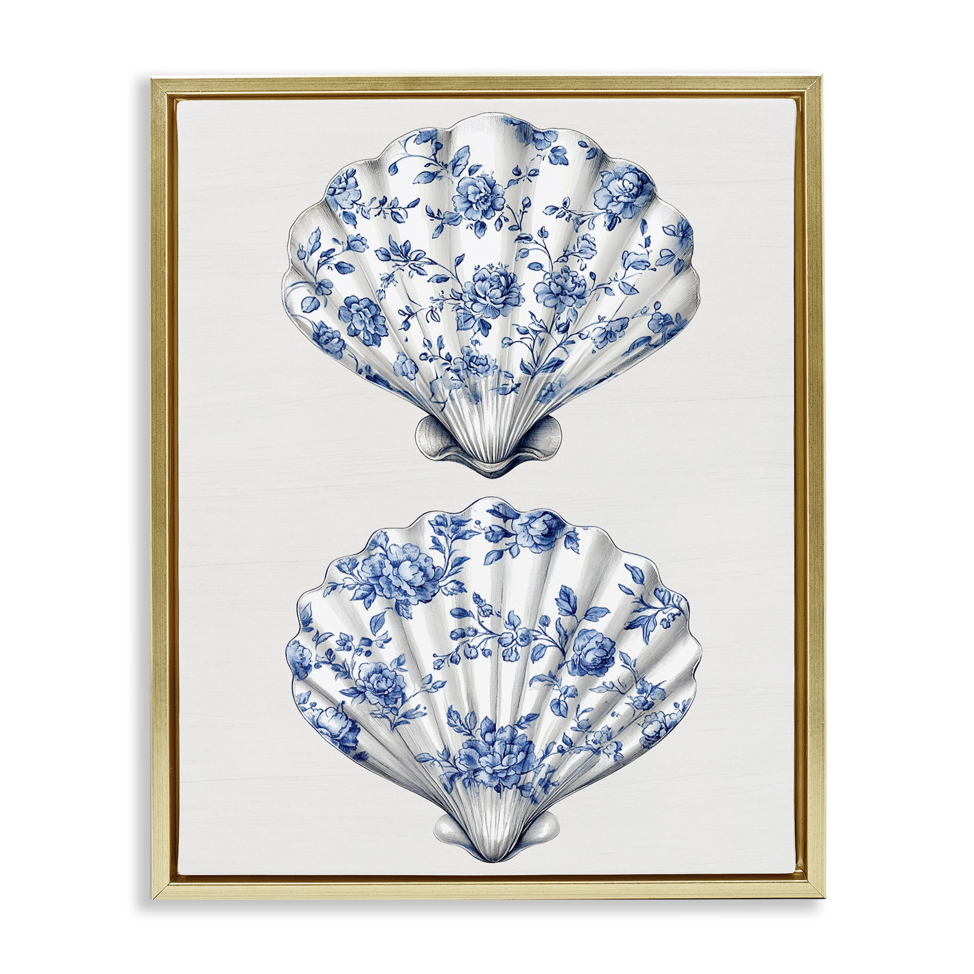 Delicate Toile Seashells Gold Framed Floater Canvas Wall Art, design by Lettered and Lined