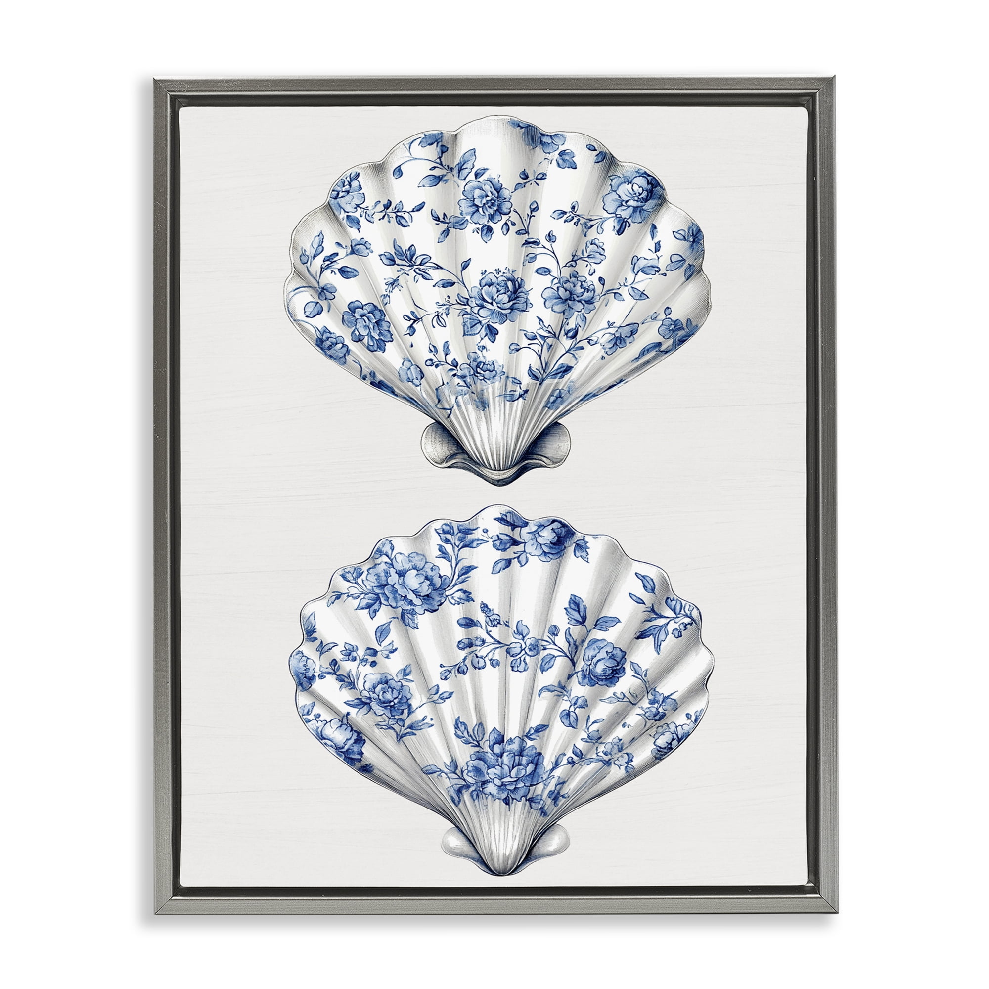 Delicate Toile Seashells Gray Framed Floater Canvas Wall Art, design by Lettered and Lined