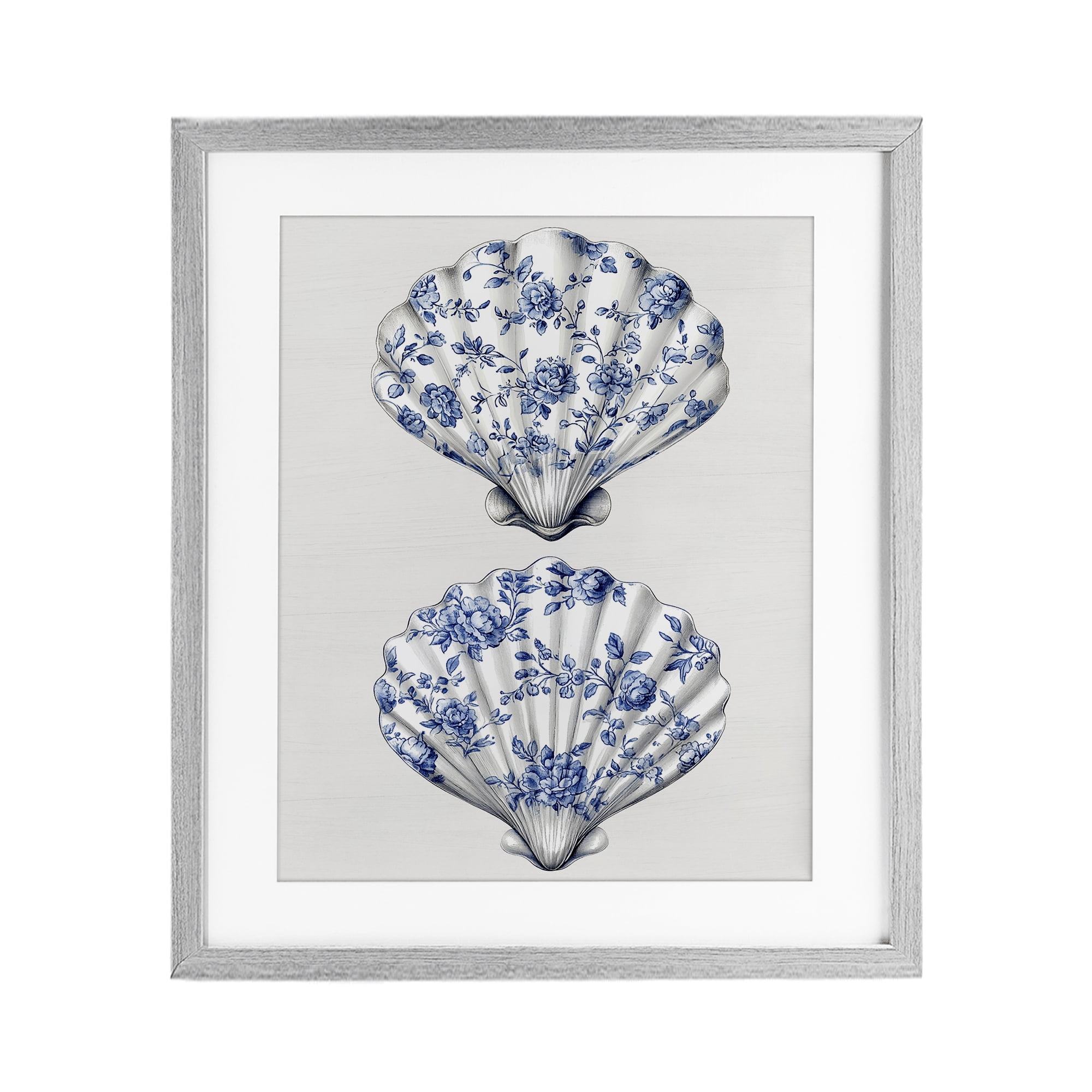 Delicate Toile Seashells Gray Framed Print Under Glass, design by Lettered and Lined