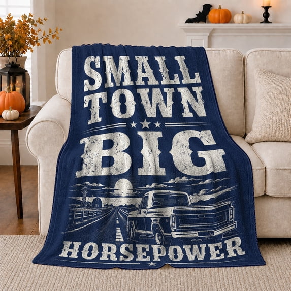 Delicate Town Big Horsepower Vintage Pickup Truck Scene, Rustic Farmhouse Horse Scene, Warm Flannel Blanket for Ranch House and Living Room, Horse Lovers Father's Day Gift, Rustic Home Decor