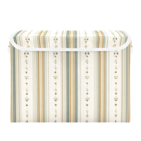 Delicate Vertical Stripes Tiny Flowers Foldable Storage Bins with Lids Handles Collapsible Storage Containers Tote Boxes 16.5 x 12.6 x 11.8 inches