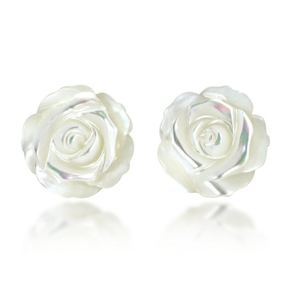Delicate White Rose Carved from Mother of Pearl Post Earrings