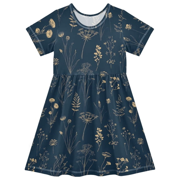 Delicate Wild Flowers Short Sleeve Dress A-Line Cute Midi Casual Sundress 2-8 Years