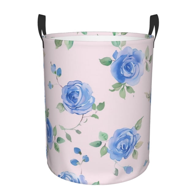 Delicate blue rose pattern on pink background Circular laundry basket