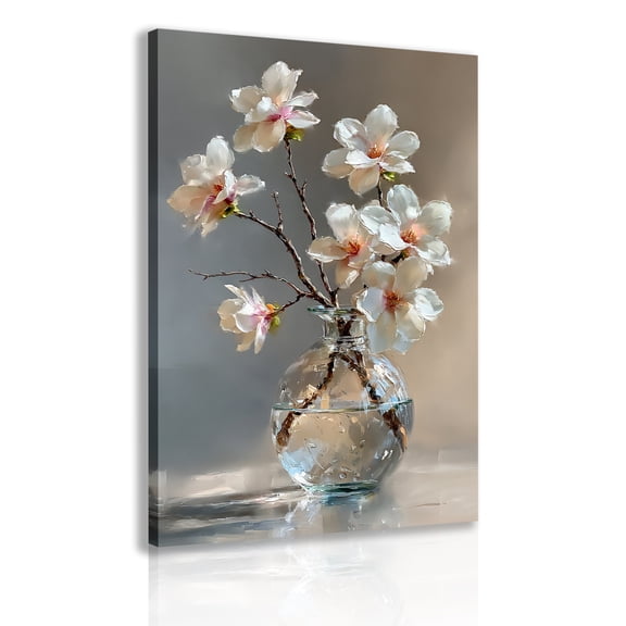 Delicate magnolia flower glass vase with canvas and wooden frame wall hanging; elegant floral still life poster print, suitable for living room, bedroom and home décor.