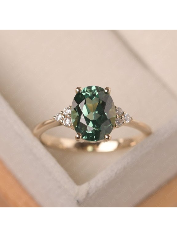 Delicate vintage engagement ring, green sapphire yellow gold ring, oval cut,anniversary gifts