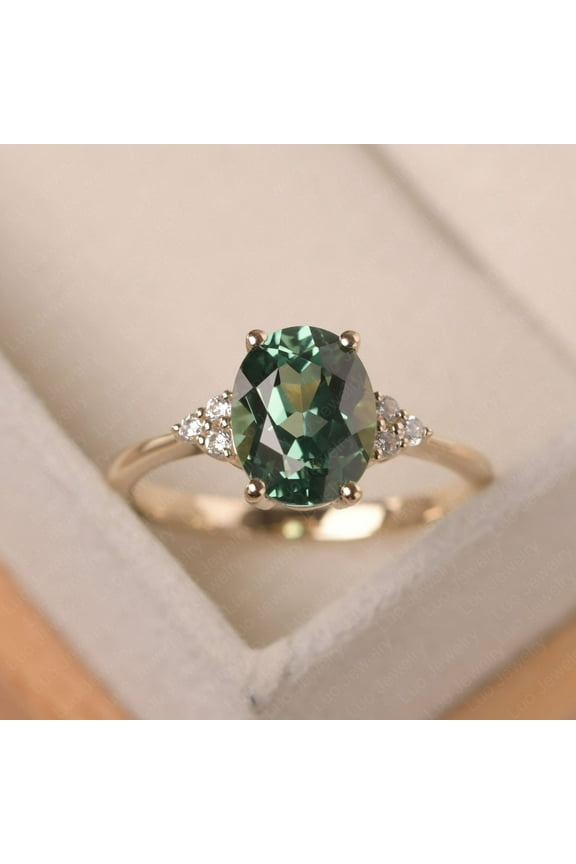 Delicate vintage engagement ring, green sapphire yellow gold ring, oval cut,anniversary gifts