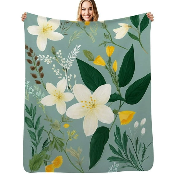 Delicate white flowers green leaves Flannel Blankets Soft Throw Blanket Winter Travel Office Outdoor Bedspread