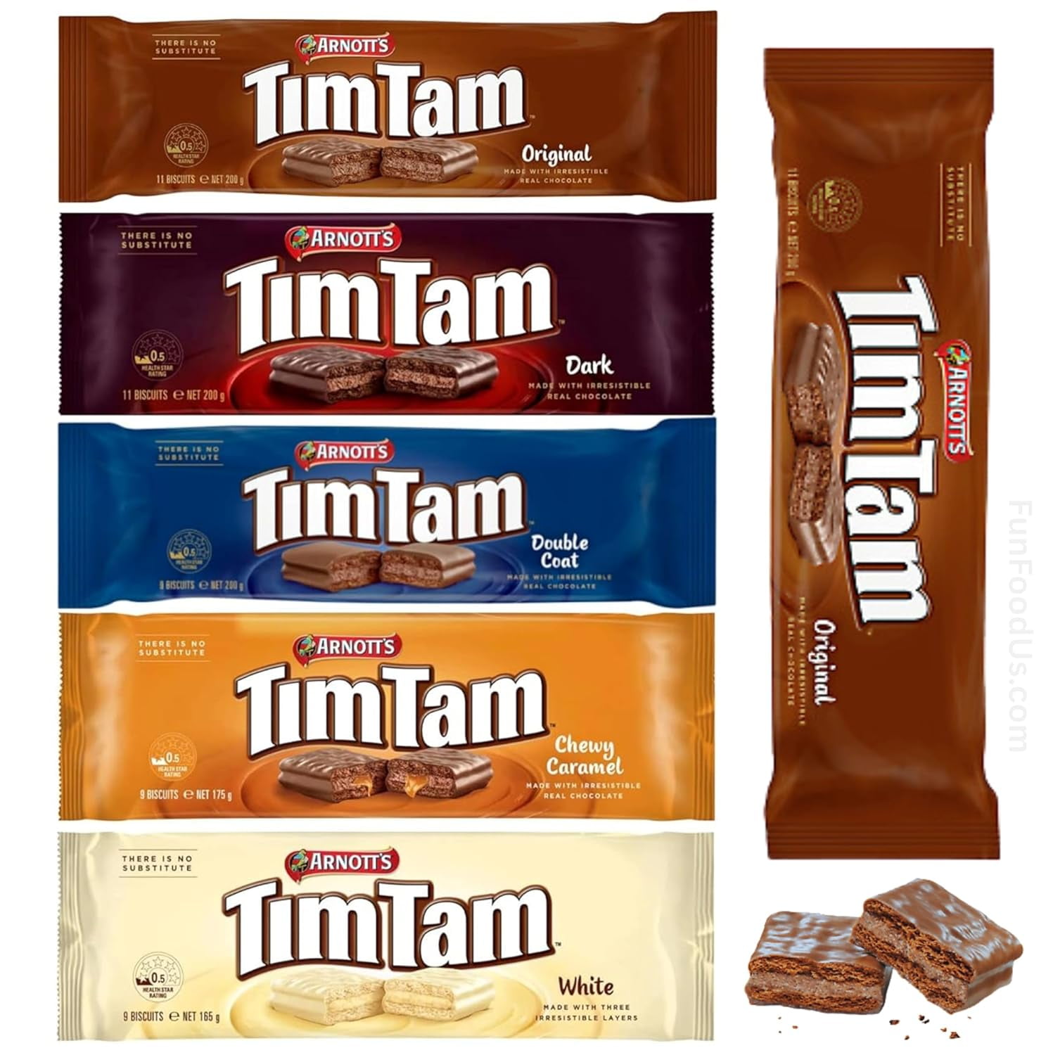 Delicious Aussie Sampler - Tim Tam Chocolate Biscuits – 6 Pack Assortment: 2 Original, 1 Dark, 1 Double Coat, 1 Chewy Caramel, 1 White, Authentic Australian Flavors
