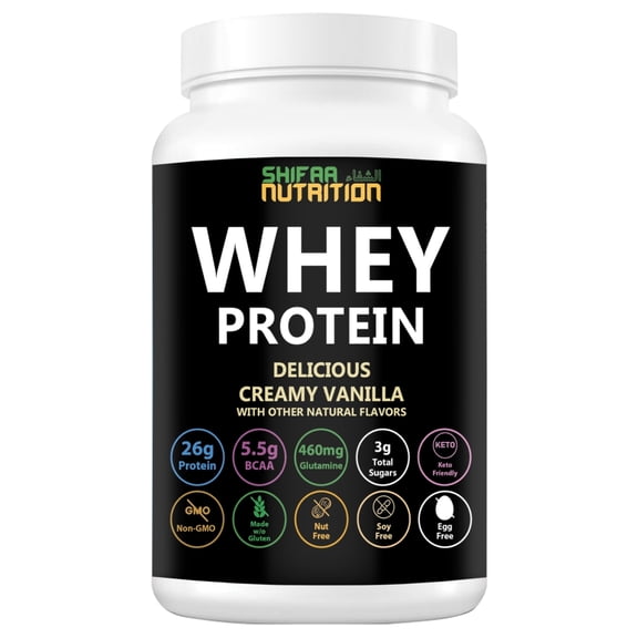 Delicious Creamy Vanilla Halal Whey Protein Powder 2Lbs | 26g Protein, 5500mg BCAAs, and 460mg Glutamine | for Recovery & Lean Muscles | Gluten-Free | Non-GMO | Keto-Friendly | by SHIFAA NUTRITION