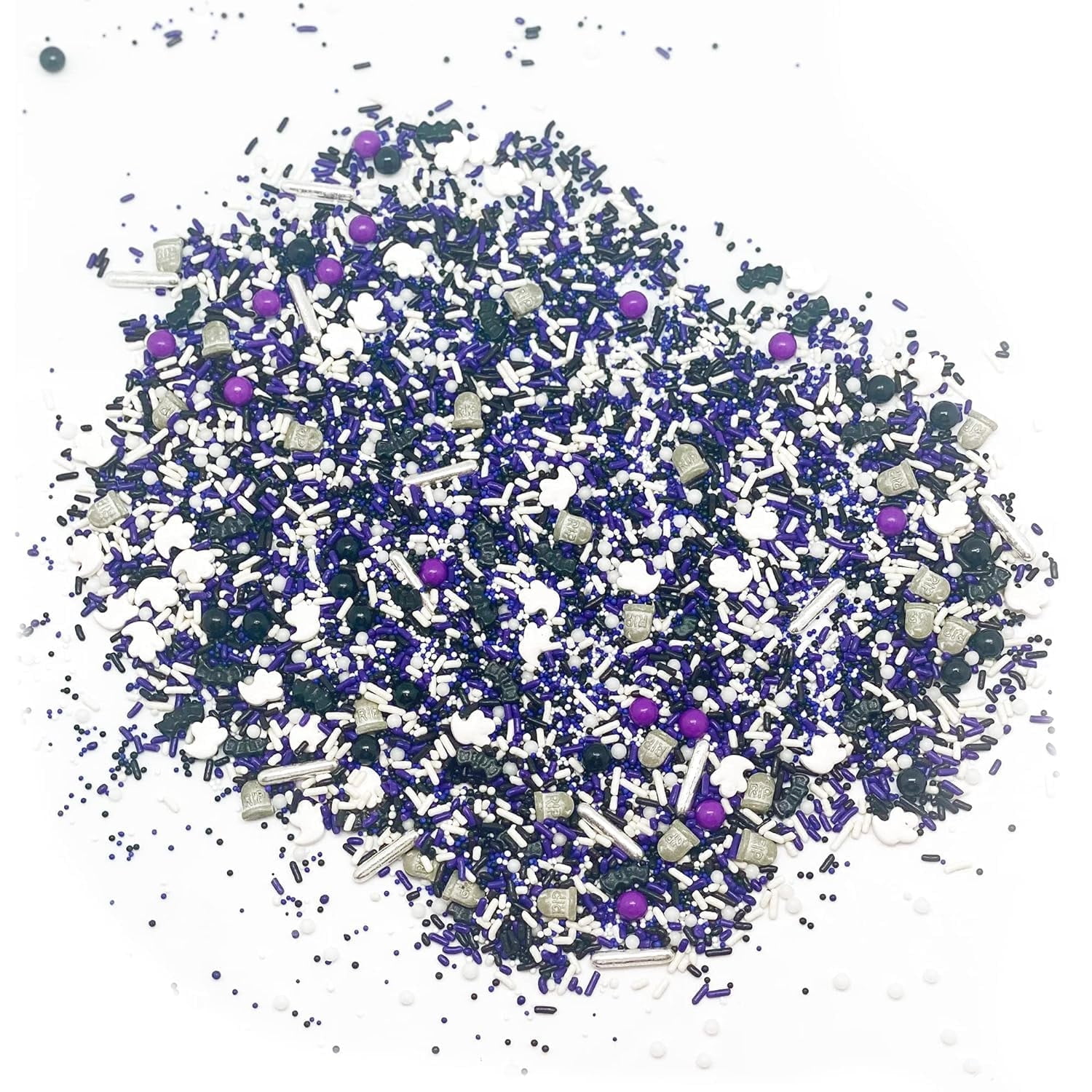 Delicious & Deadly Graveyard Smash - RIP Black Violet Purple White Silver Haunted Mansion Halloween Fall Colorful Candy Sprinkles Mix Baking Edible Cake Cupcake Cookie Decorations - 4 oz