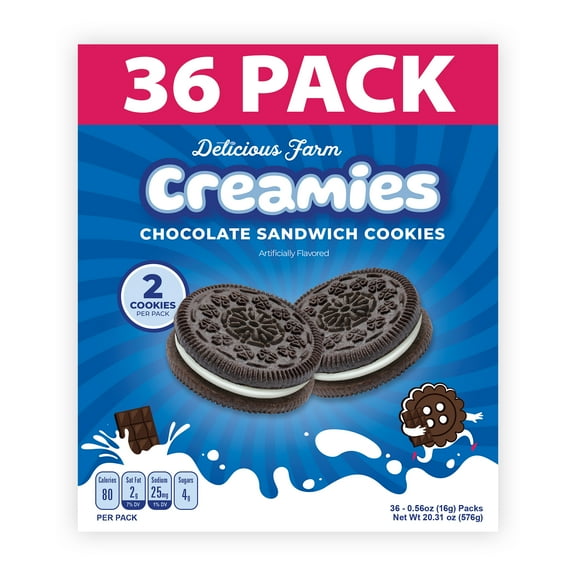 Delicious Farm, Creamies, Chocolate Sandwich Stuffed Cookies, Shelf Stable 20.31 oz Carton Box