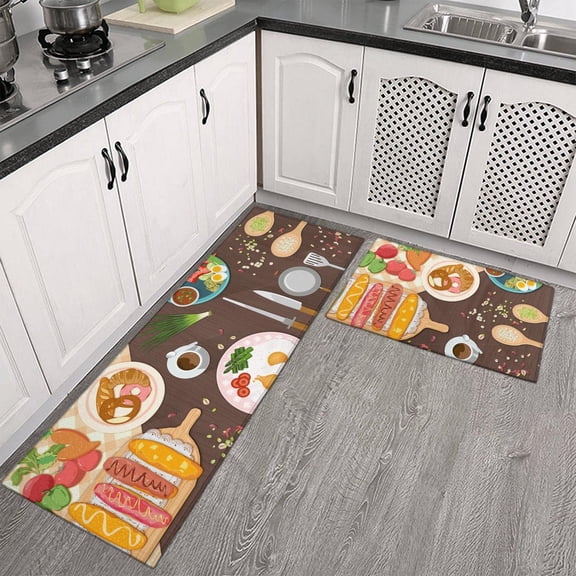 Delicious Food Kitchen Mats Set Set of 2 Kitchen Tools Decorative Rugs for Kitchen Low-Profile Colourful Floor Mats