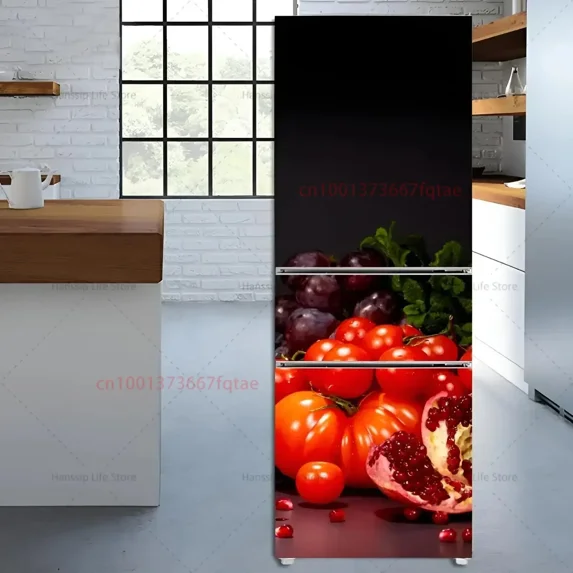 Delicious Fresh Fruit Printed Fridge Door Wrap Cover Kitchen Wallpaper Refrigerator Door Poster Strawberry Lemon Mural Decals
