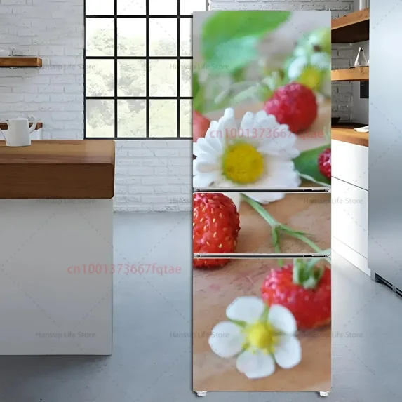 Delicious Fresh Fruit Printed Fridge Door Wrap Cover Kitchen Wallpaper Refrigerator Door Poster Strawberry Lemon Mural Decals