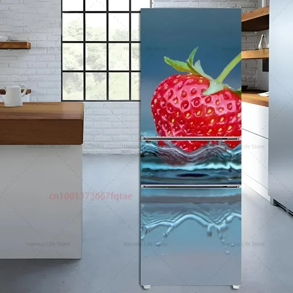 Delicious Fresh Fruit Printed Fridge Door Wrap Cover Kitchen Wallpaper Refrigerator Door Poster Strawberry Lemon Mural Decals