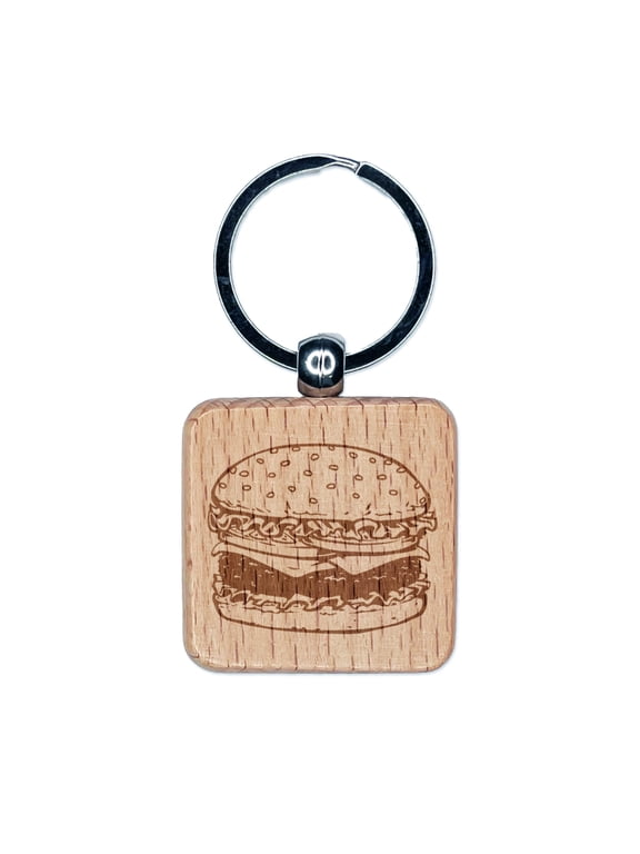 Delicious Hamburger Cheeseburger American Fast Food Square Keychain Charm Tag - Engraved Wood