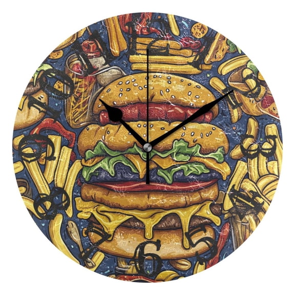 Delicious Hamburgers Fries Wall Clock 10 inch Non-Ticking Easy to Read Decorative Clocks for Home Bedroom Living Room