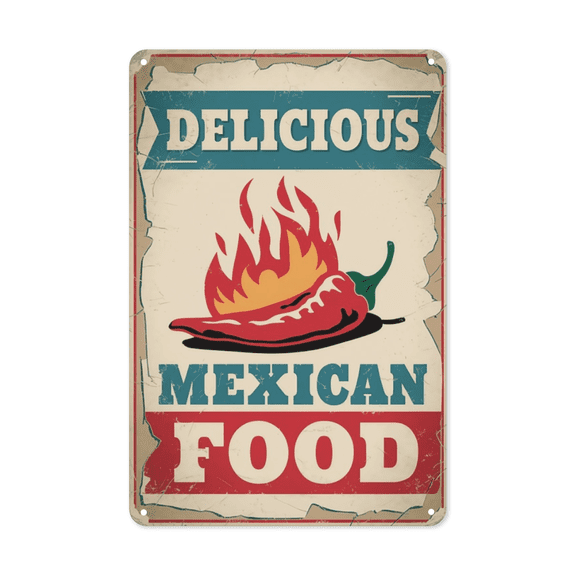 Delicious Mexican Food Chilli Metal Tin Sign Kitchen Dining Room Mexican Restaurant Decor Perfect For Hanging In Bar Cafe Rustic Vintage Finish Weatherproof Coating Gift For Food Lover Housewarming