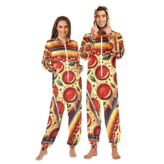 Delicious Original Pepperoni Pizza Adult Onesie Pajamas Slim Fit Christmas One Piece Suit Pjs for Women and Men Hooded Zipper