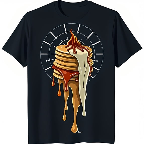 Delicious Pancake Stack Graphic Black T-Shirt with Syrup & Whipped Cream Design