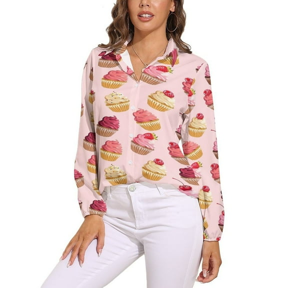 Delicious Pink Retro Cupcakes Long Sleeve Blouse Woman Streetwear Casual Shirts Summer Oversize Woman Streetwear Clothing Birthday Present