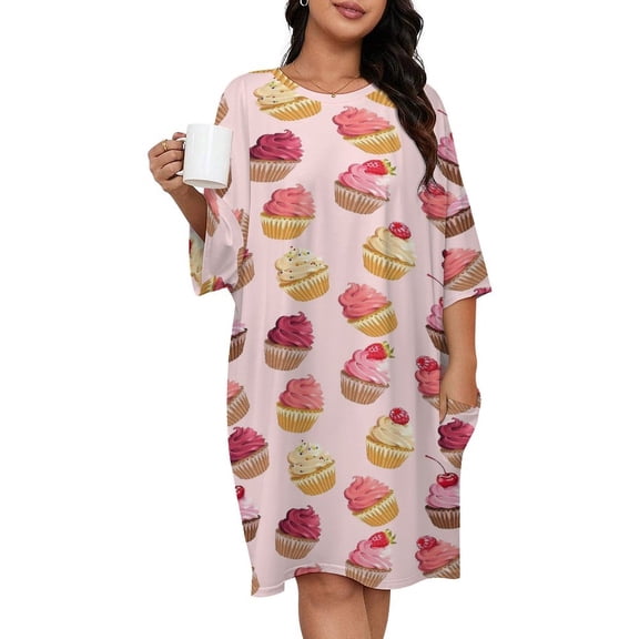 Delicious Pink Retro Cupcakes Sleepshirts For Sleeping Travels Loose Sleepdress Pajama Dress Soft Nightdress Sleepwear