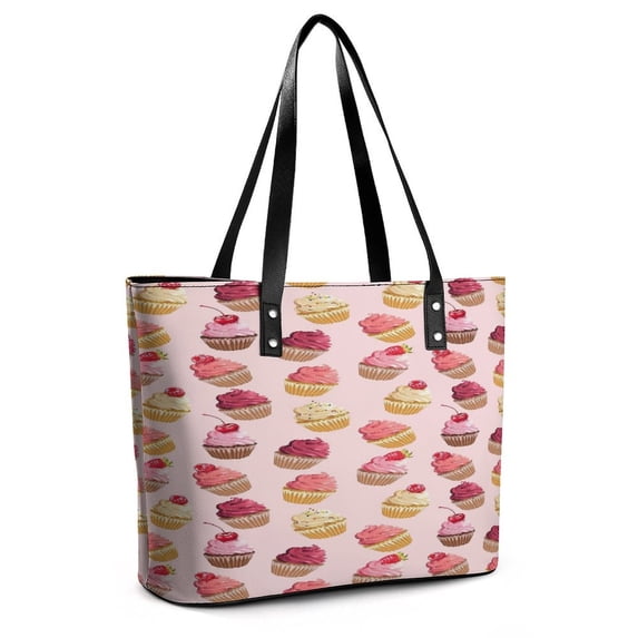 Delicious Pink Retro Cupcakes Woman Leather Handbags Large Tote Bag Fashion Portable Handbags With Zipper