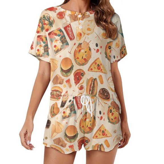 Delicious Pizza Burger 2 Pack Women’s Pajama Set Print Sleepwear And Shorts Y2k Loungewear Sets S-5XL