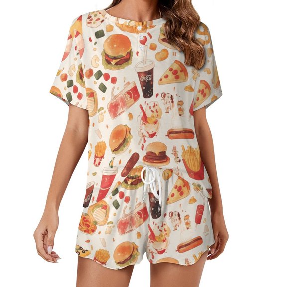 Delicious Pizza Burger 2 Pack Women’s Pajama Set Print Sleepwear And Shorts Y2k Loungewear Sets S-5XL