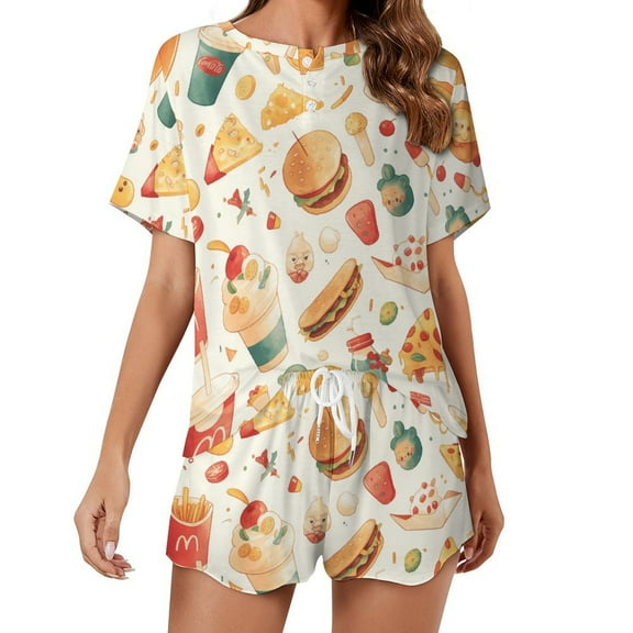 Delicious Pizza Burger 2 Pack Women’s Pajama Set Print Sleepwear And Shorts Y2k Loungewear Sets S-5XL
