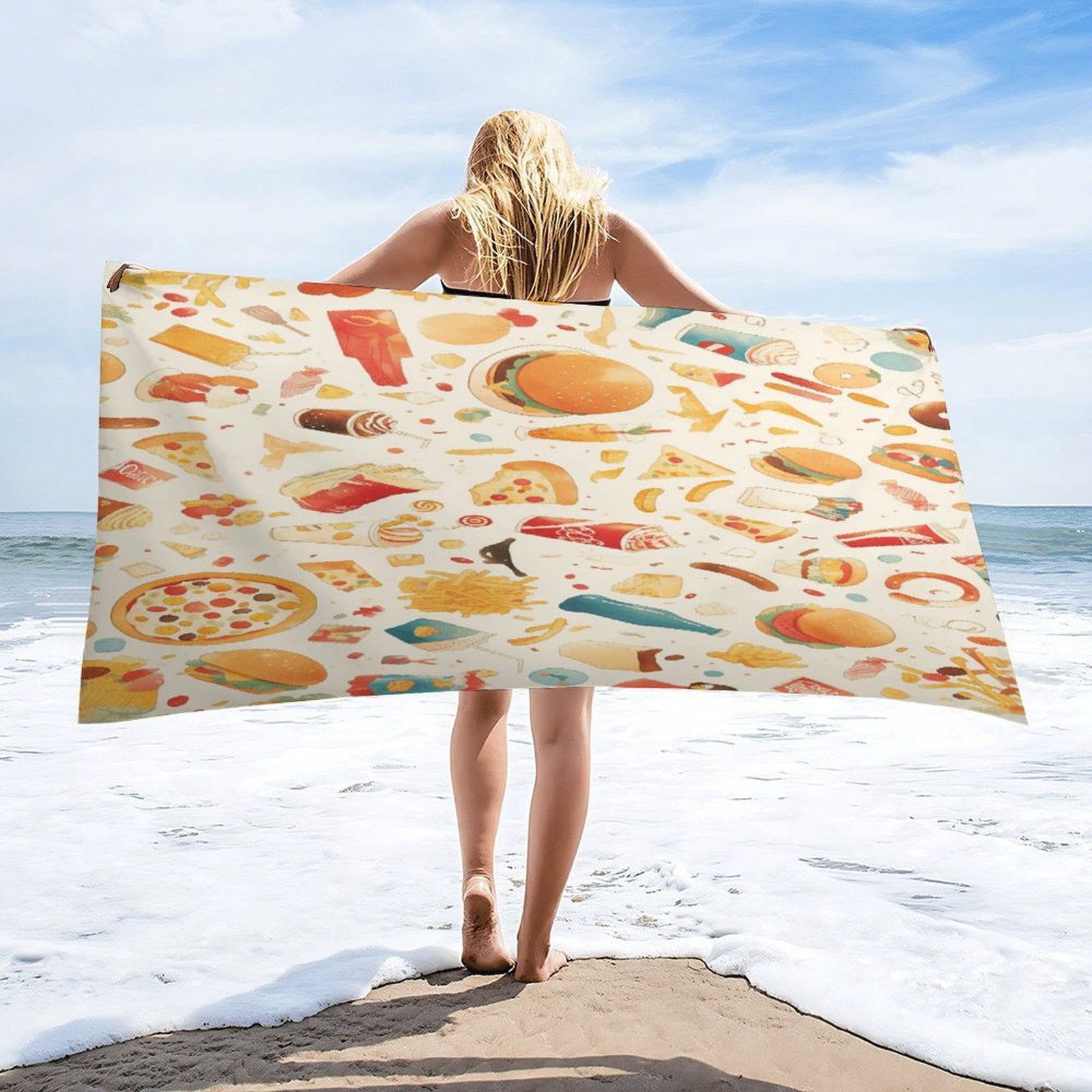 Delicious Pizza Burger Beach Towel – with A Unique Design, Extra Large,XL (32”x 63”) for Kids & Adults