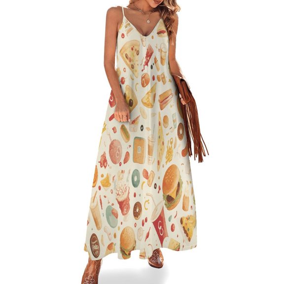 Delicious Pizza Burger Design Sleeveless Dress Woman Fashion Long Dresses Women's Summer Suit Dress 2025
