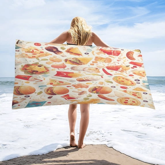 Delicious Pizza Burger Microfiber Lightweight Beach Towel Quick Dry Absorbent Thin Towels for Swimming Pool Camping Beach Easy for Vacation Essentials