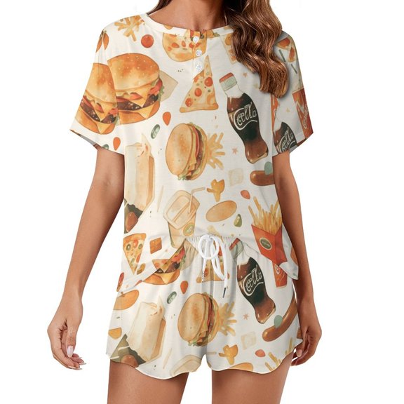 Delicious Pizza Burger Pajama Set for Women 2 Piece Sleepwear Loungewear Short Sleeve