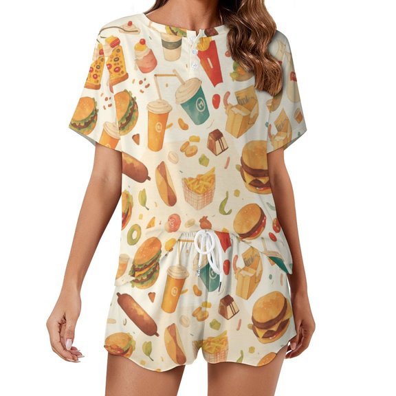 Delicious Pizza Burger Pajamas Set Womens Loungewear Sleepwear 2 Piece PJ Sets