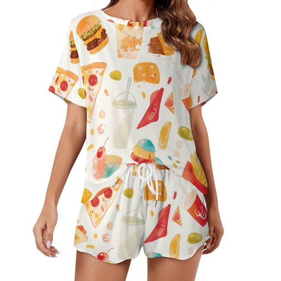 Delicious Pizza Burger Pajamas Set Womens Loungewear Sleepwear 2 Piece PJ Sets