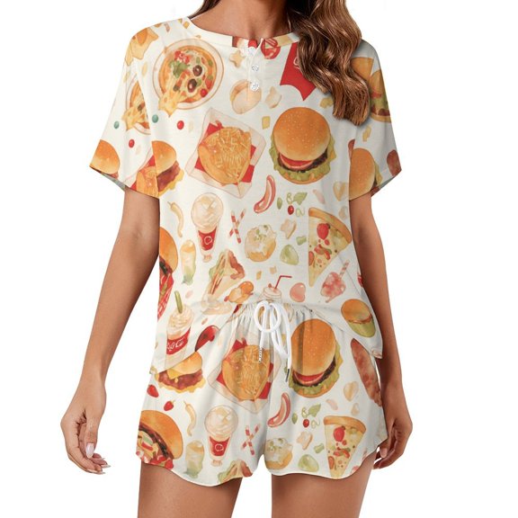 Delicious Pizza Burger Print Women'S Pajamas Set Summer Sleepwear Sets 2 Piece Lounge Set