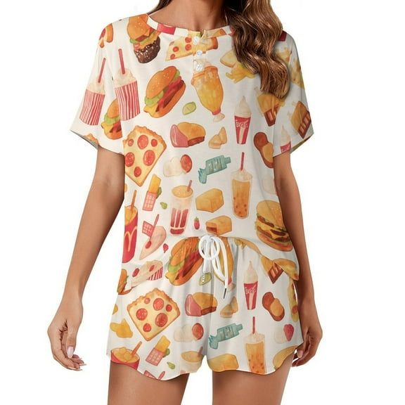 Delicious Pizza Burger Print Women'S Pajamas Set Summer Sleepwear Sets 2 Piece Lounge Set