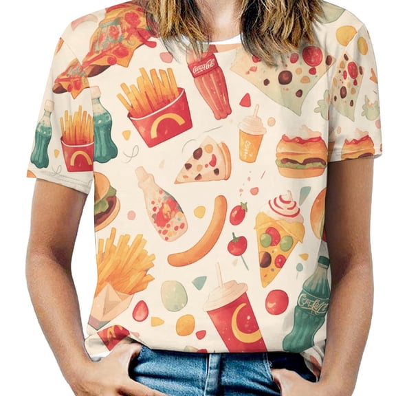 Delicious Pizza Burger Women's Short Sleeve T-Shirt Crew Neck Casual Summer Trendy Loose Fit Tops