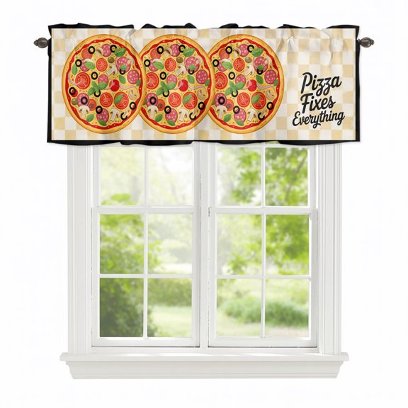 Delicious Pizza Food Window Valance Curtain Modern Yellow Beige Plaid Rod Pocket Valance for Windows Short Curtain for Living Room, Bedroom & Kitchen Window Decor 42x12in