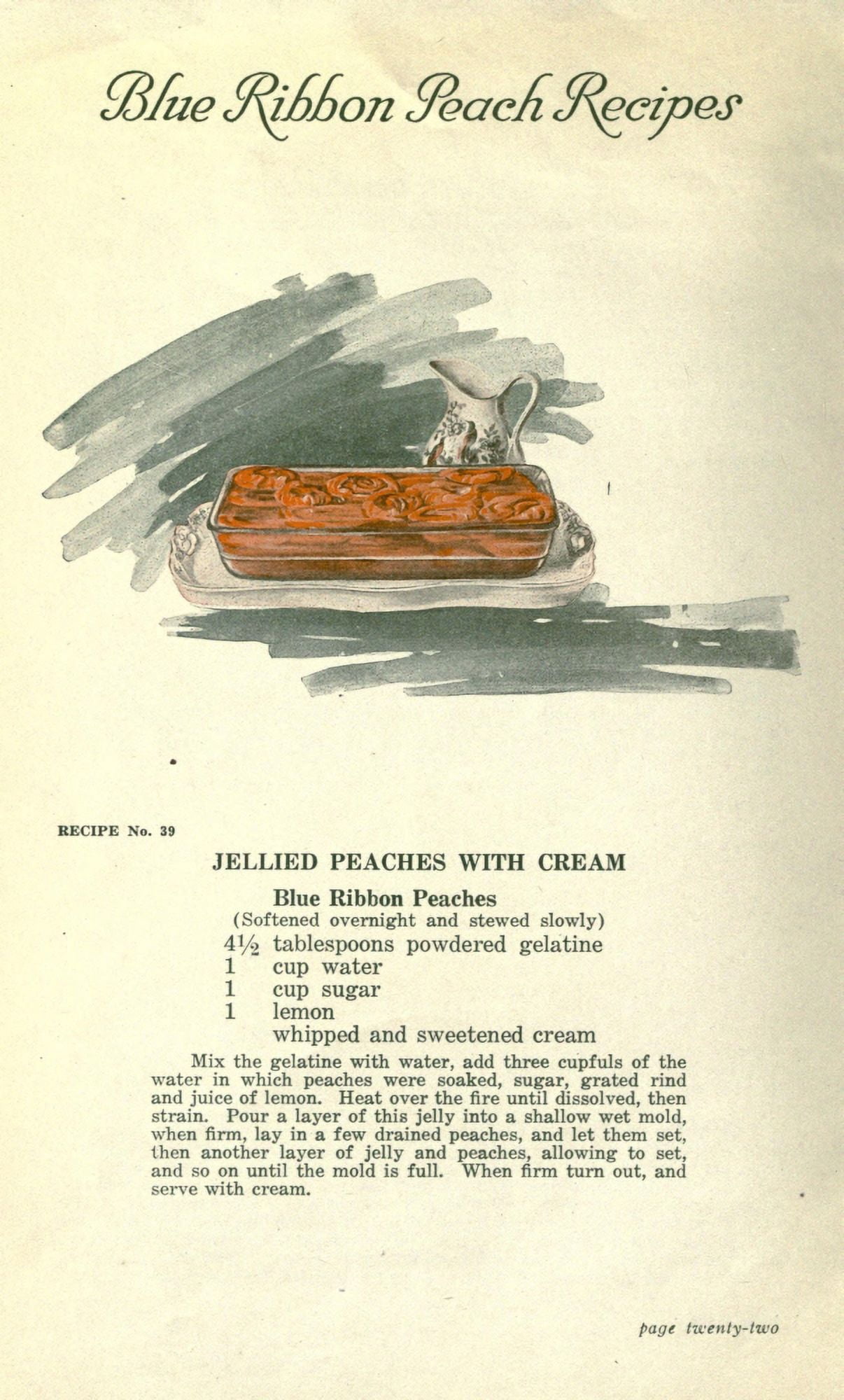 Delicious Recipes by California Peach Growers 1920 Jellied Peaches with cream Canvas Art -  (24 x 36)