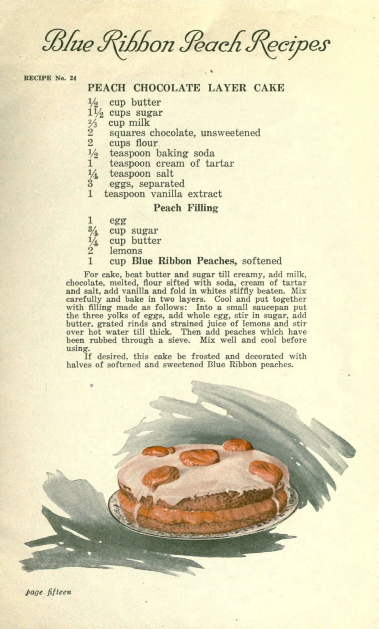Delicious Recipes by California Peach Growers 1920 Peach Chocolate Layer Cake Canvas Art -  (24 x 36)