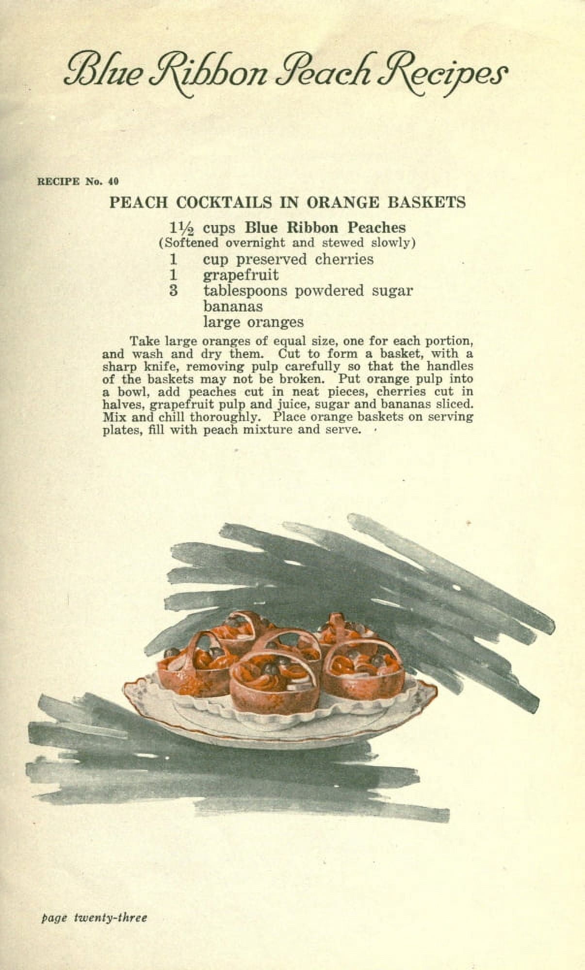 Delicious Recipes by California Peach Growers 1920 Peach Cocktails in Orange Baskets Canvas Art - (18 x 24)