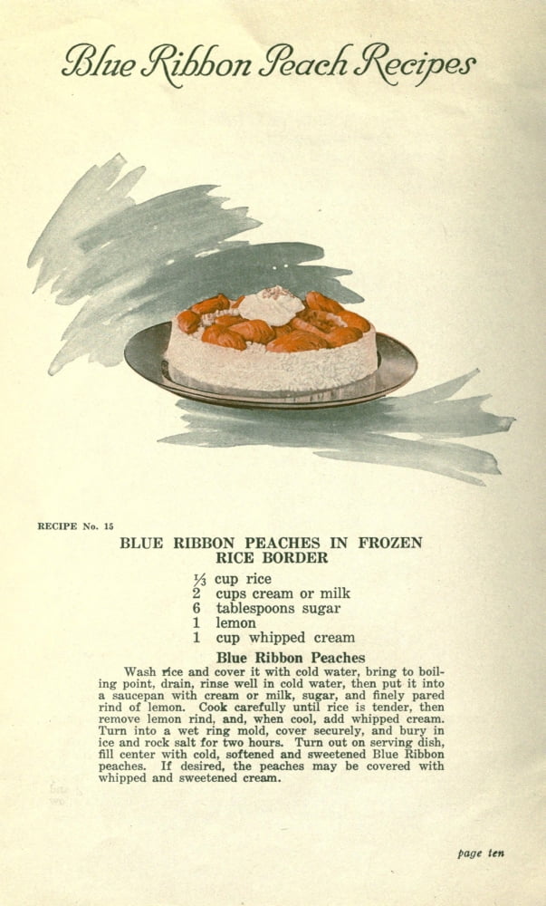 Delicious Recipes by California Peach Growers 1920 Peaches in frozen rice border Canvas Art -  (18 x 24)