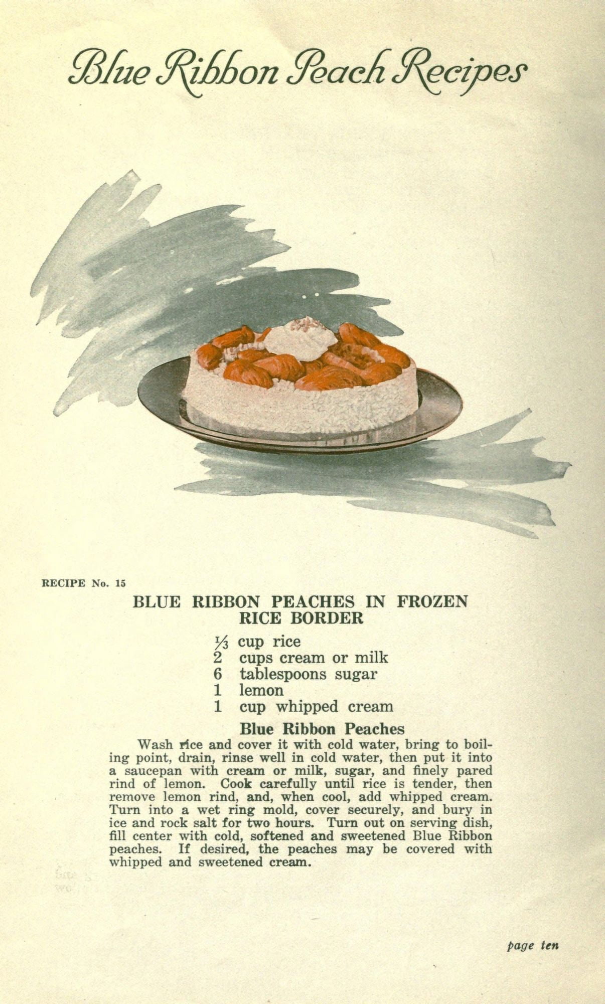 Delicious Recipes by California Peach Growers 1920 Peaches in frozen rice border Canvas Art -  (24 x 36)