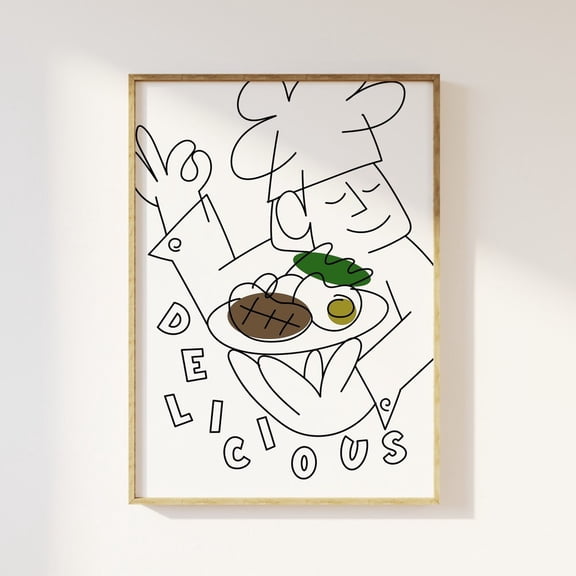 Delicious Retro Illustration Chef Kitchen Print - Kitchen Decor Doodle Chefs Kiss Trendy Retro Kitchen Cafe Print