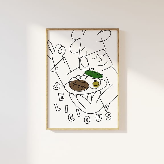 Delicious Retro Illustration Chef Kitchen Print Kitchen Decor Doodle Chefs Kiss Trendy Retro Kitchen Cafe Print