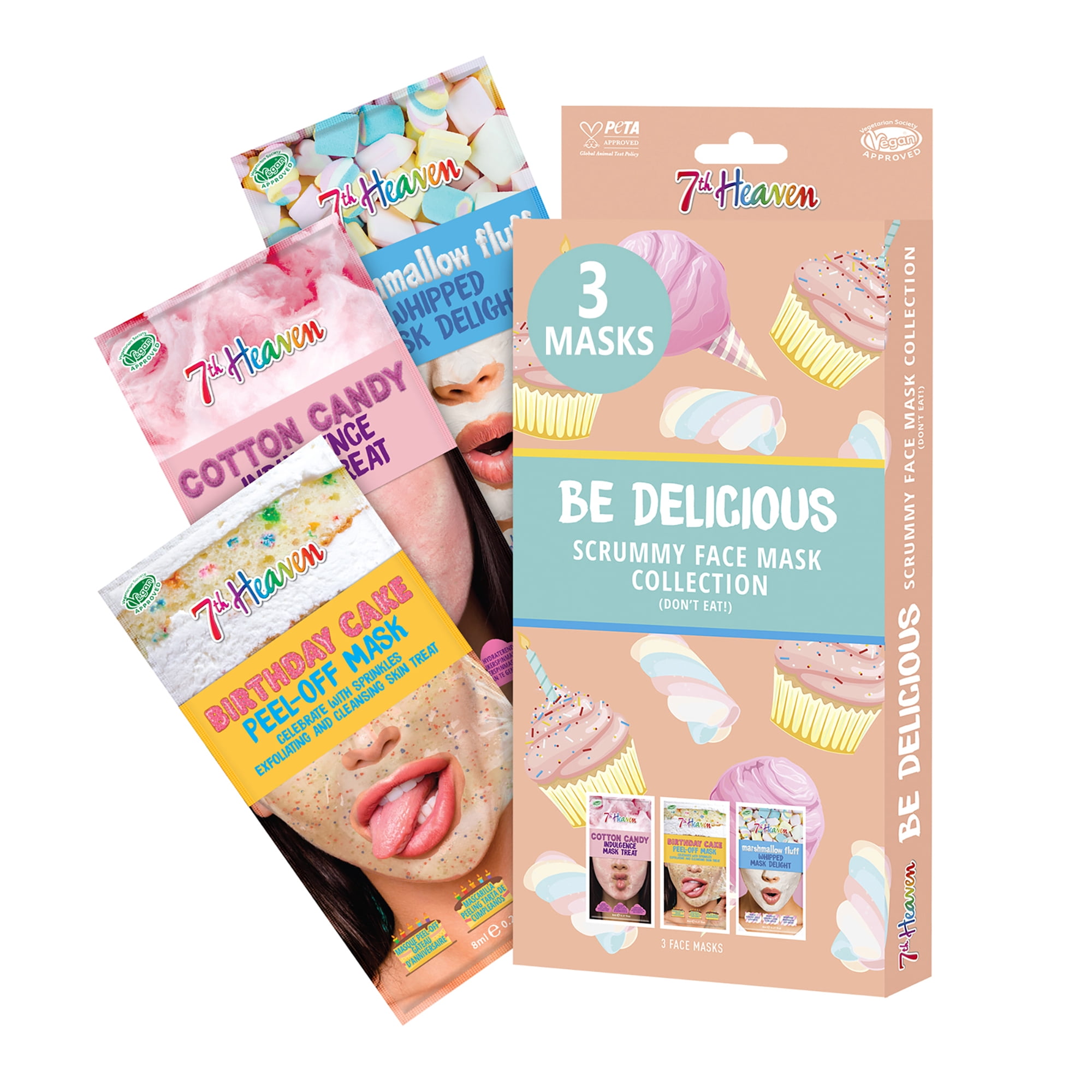 Be Delicious Scrummy Face Mask Collection by 7th Heaven for Women - 3 Pc 0.27oz Marshmallow Fluff Hydrating Mask, 0.27oz Birthday Cake Peel-Off Mask, 0.27oz Cotton Candy Moisturising Mask