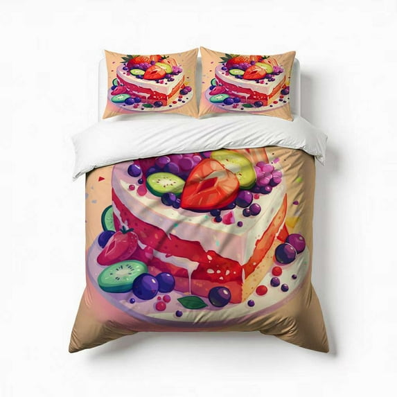 Delicious Scrumptious Cake Fruit Pattern Bedding Set 3 Pcs Soft Microfiber Quilt Cover For Bedroom Decor, Comforter Cover With 2 Pillowcase